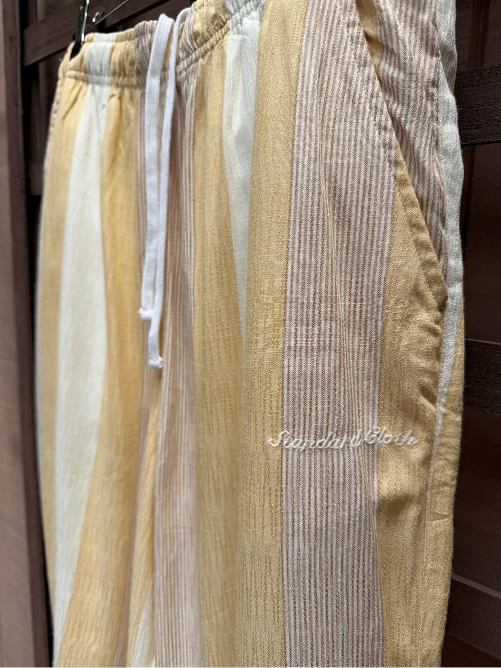 Men's Standard Cloth Yellow & White Striped Linen Blend Beach Pants L NWT *Firm*